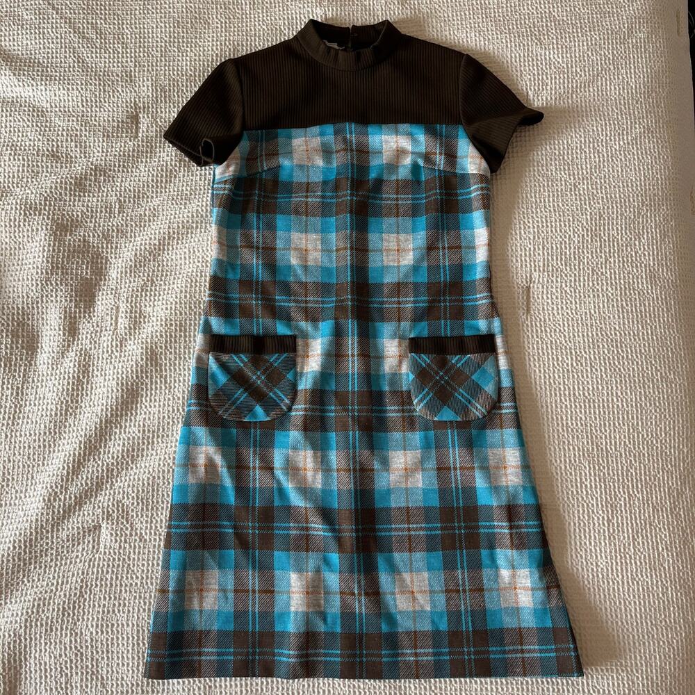 Vintage 60s Mod Plaid Midi Dress w/ Knit Mock Neck